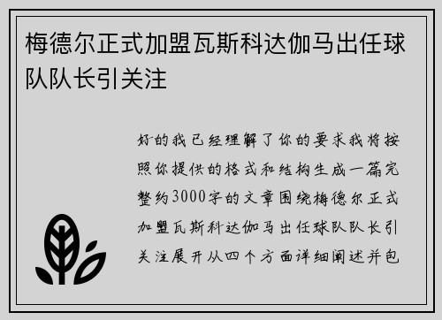 梅德尔正式加盟瓦斯科达伽马出任球队队长引关注